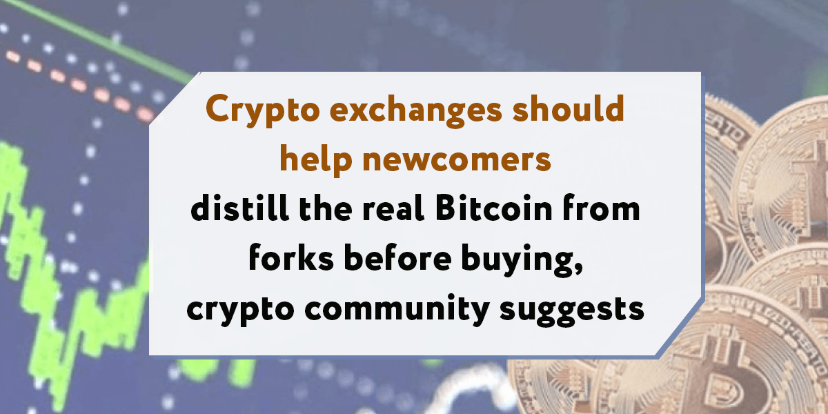 Crypto exchanges should help newcomers distill the real Bitcoin from forks before buying, crypto community suggests